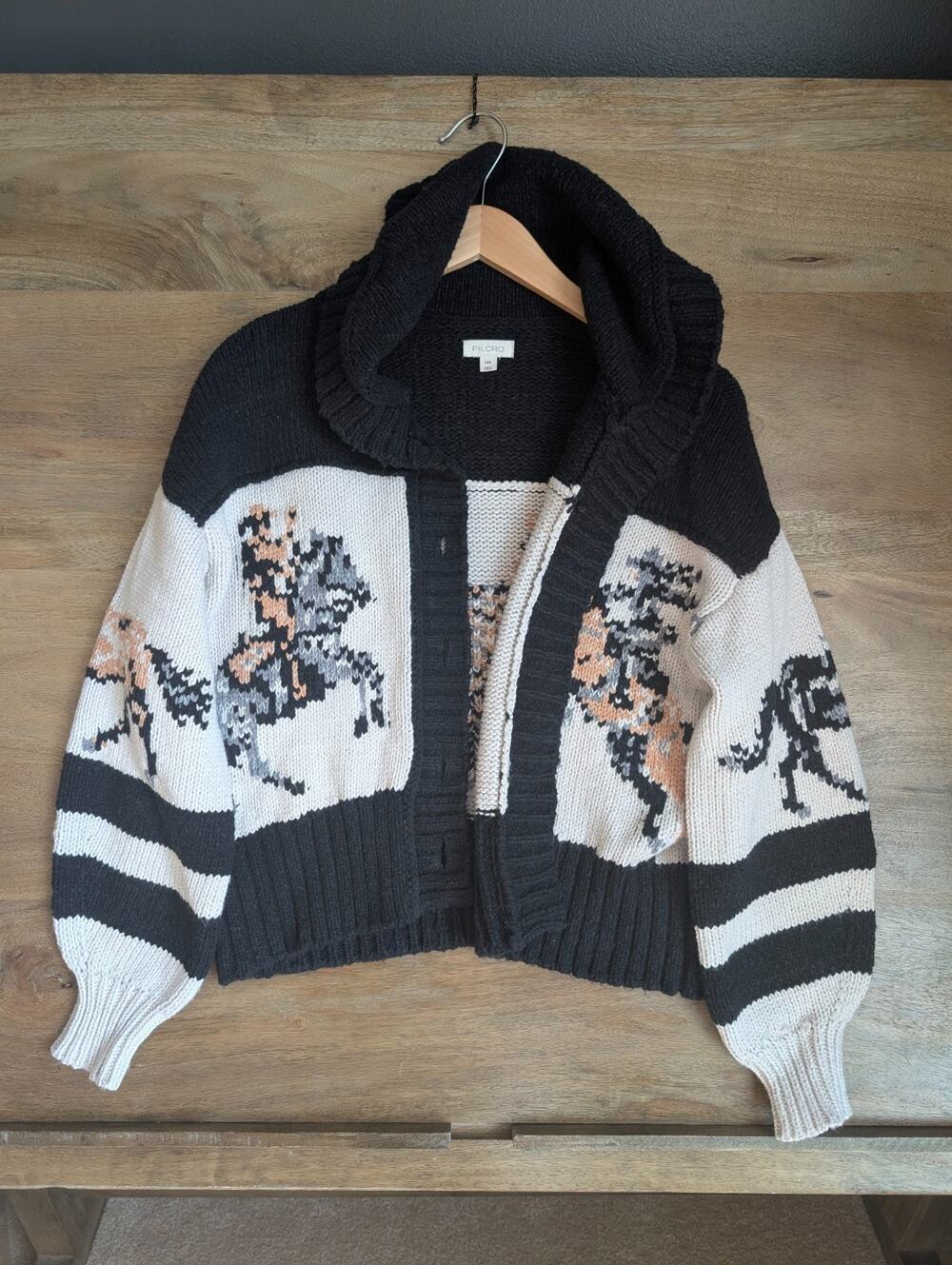 Pilcro Anthropologie Cardigan Sweater Womens 2XS Black White Horse Graphic NWT
